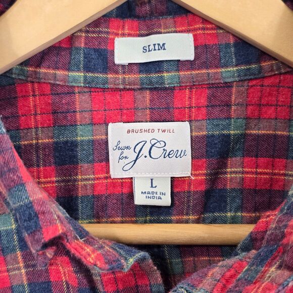 J.Crew Mens L Brushed Cotton Twill Red Green Blue Plaid Button Up Slim Fit Shirt - Picture 4 of 8